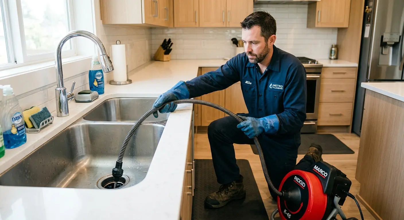 Drain cleaning technician using a motorized snake on a kitchen sink in Bexley