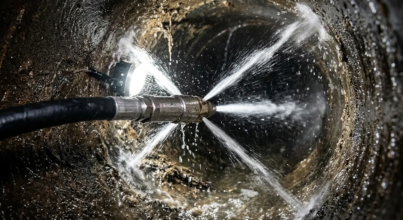 High-pressure hydro jetting nozzle cleaning sewer pipe for Sewer Cleanout in Bexley