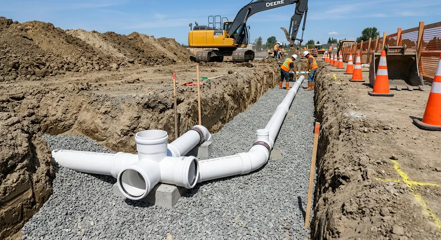 New PVC sewer pipe installation in open trench for Sewer Backup in Bexley