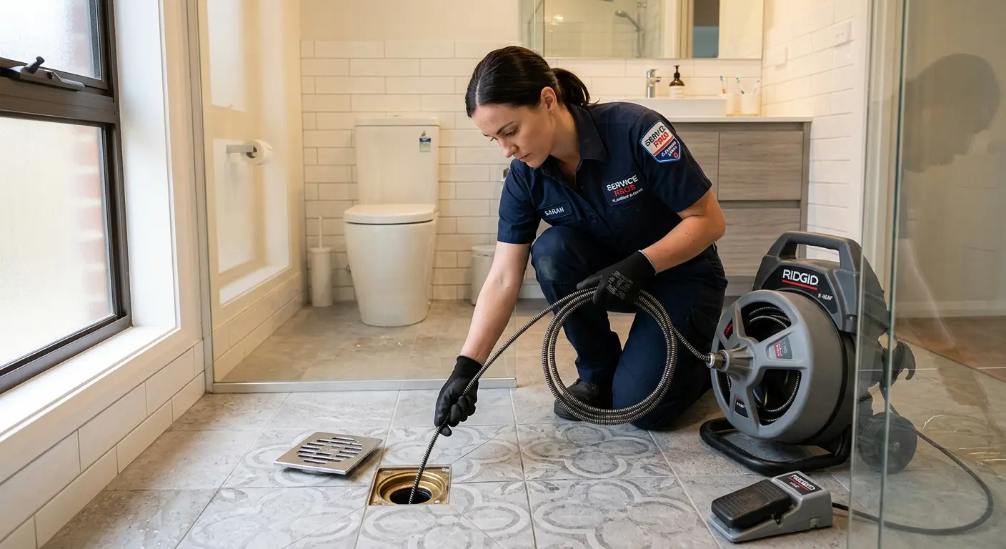 Technician clearing a bathroom floor drain for Sewer Line Replacement in Bexley